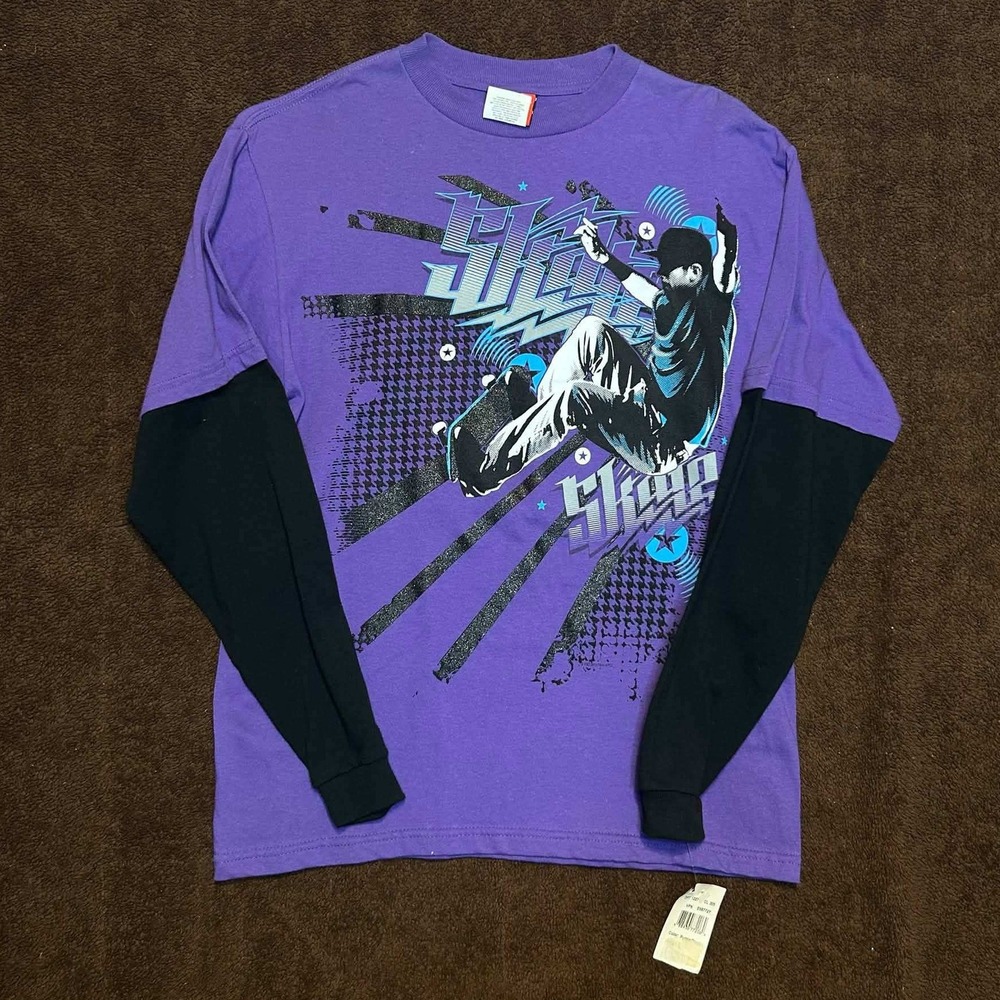 Rude Boyz Skater Graphic T-Shirt Mens Large Purple Black Long Sleeve Y2K NEW